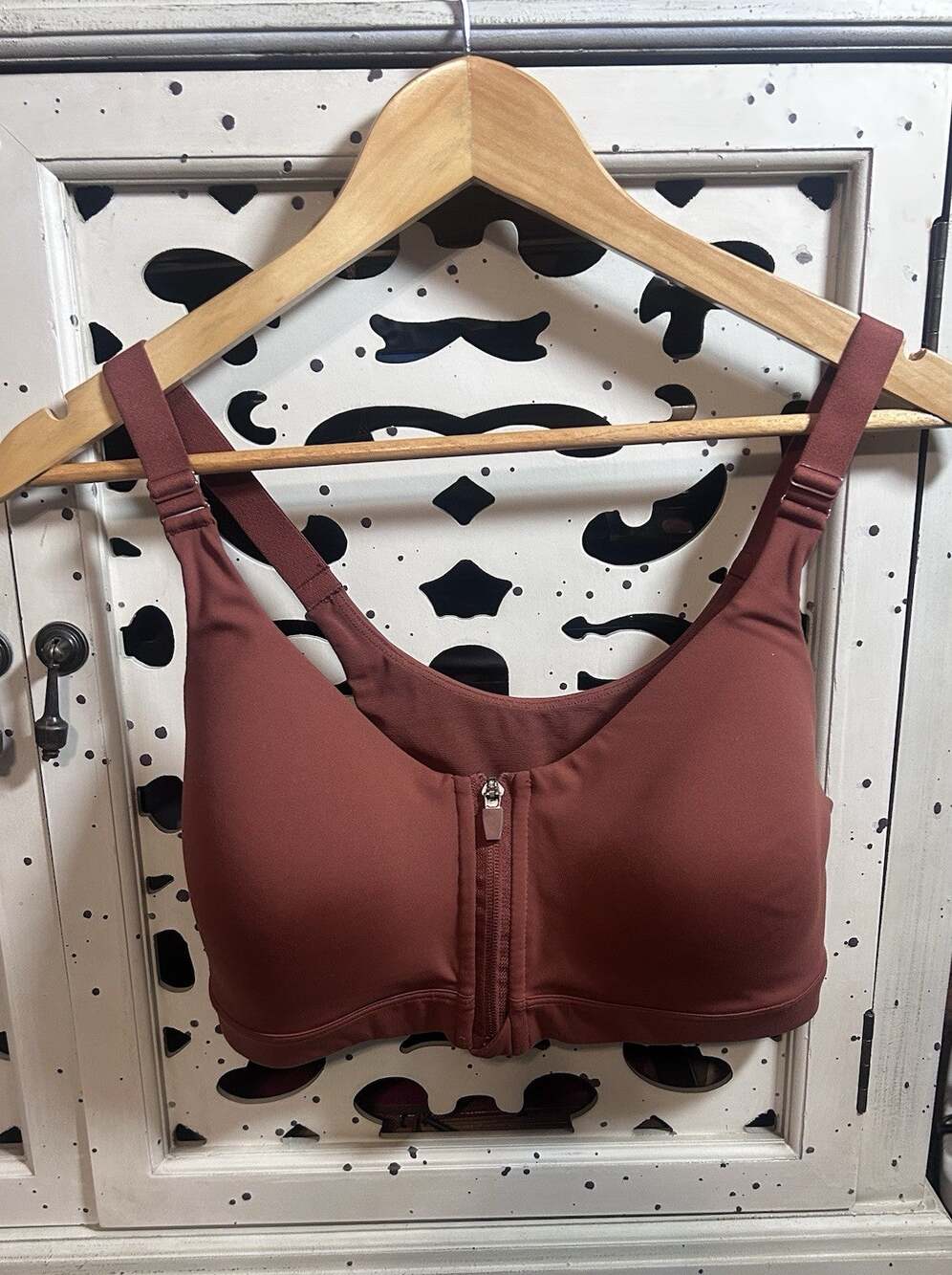 CRZ YOGA Powersoft 34D Brown Front Zip Sports Bra Adjustable Straps